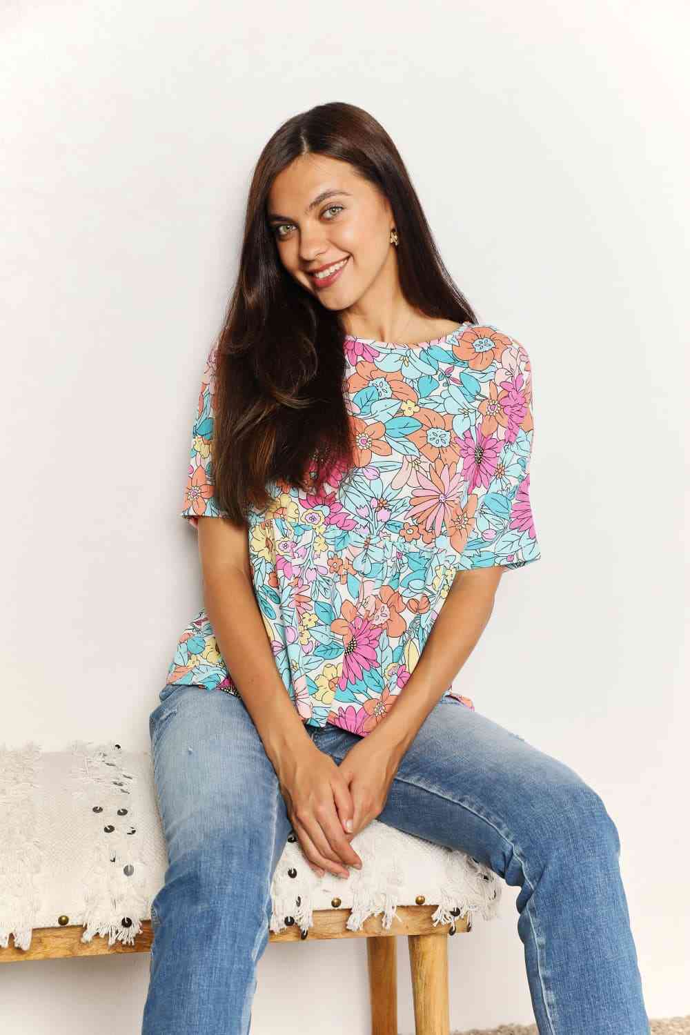 Floral Round Neck Babydoll Top