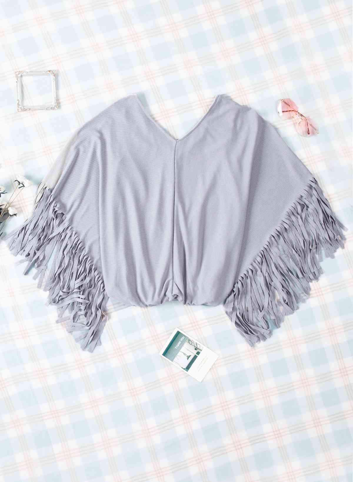 Fringe Trim Center Seam Dolman Sleeve Top