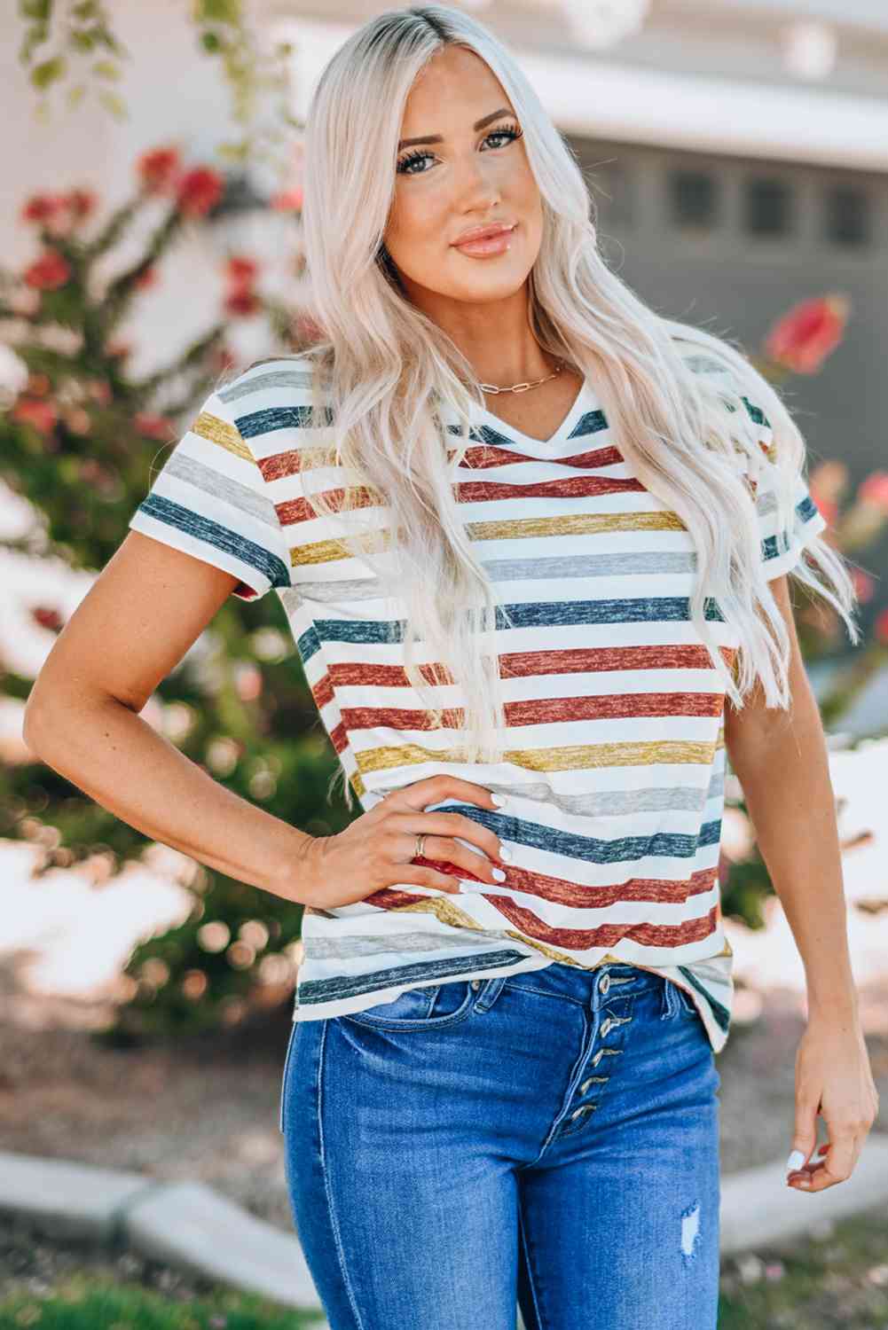 Striped V-Neck Short Sleeve Tee