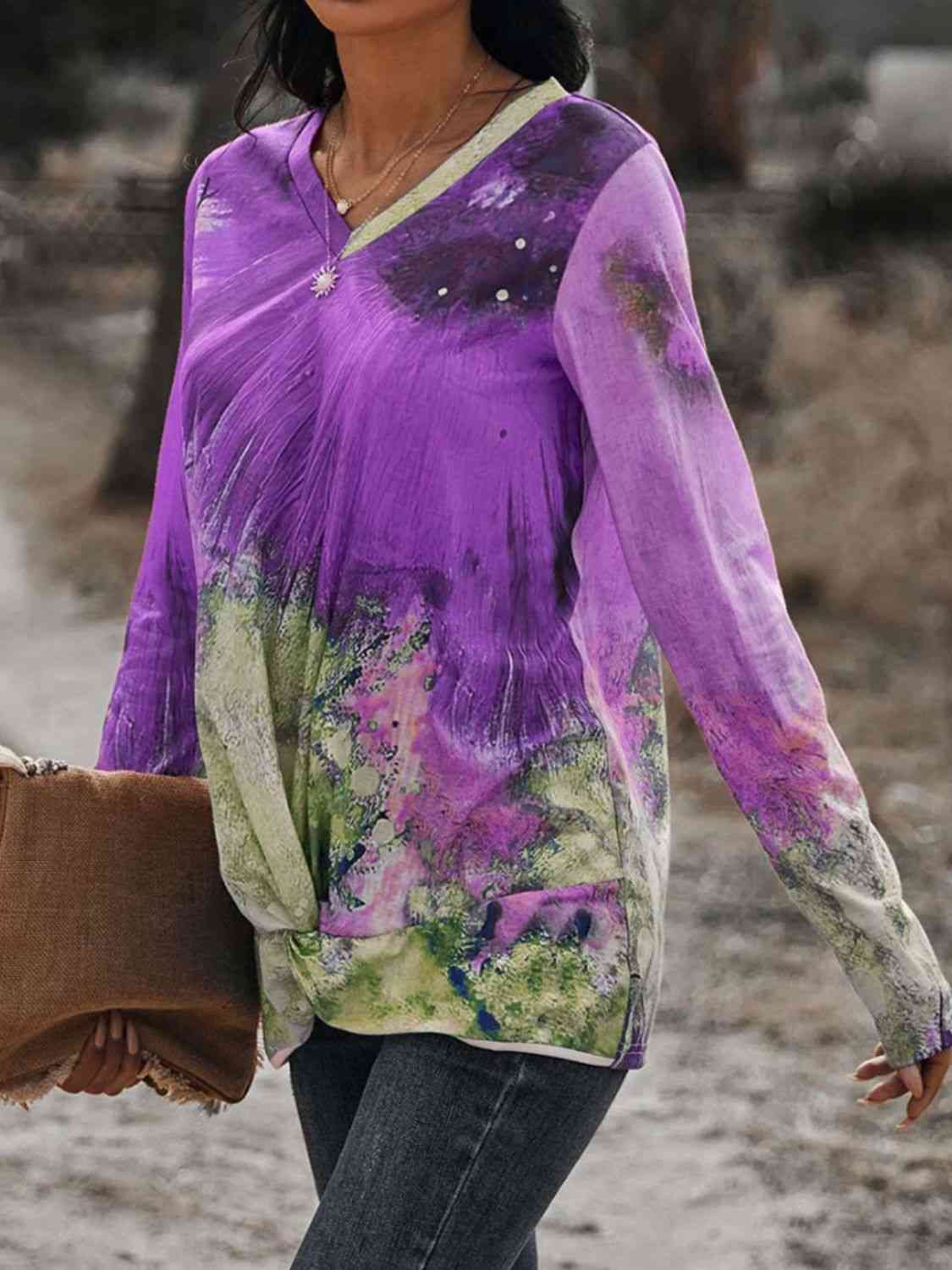Twisted Multicolor V-Neck Long Sleeve Tee