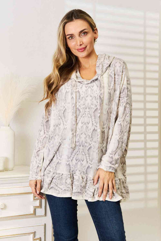 Snakeskin Print Ruffle Hem Hoodie