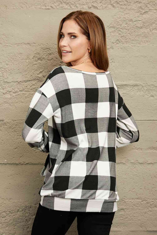 Double Take Plaid Long Sleeve Tunic Sweatshirt