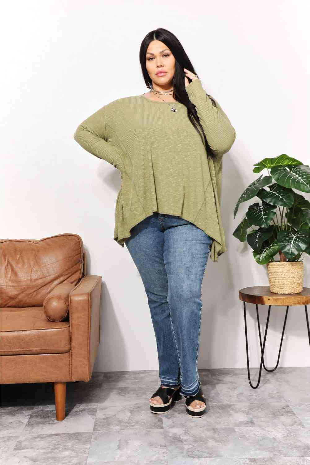 Oversized Super Soft Rib Layering Top with a Sharkbite Hem and Round Neck