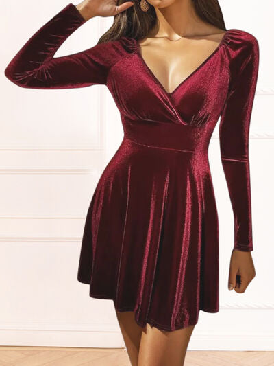 Surplice Ruched Long Sleeve Mini Dress