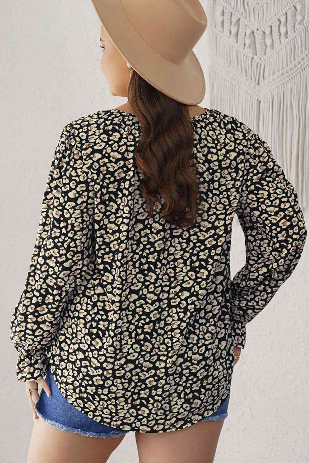 Plus Size Floral Flounce Sleeve Tie-Neck Blouse