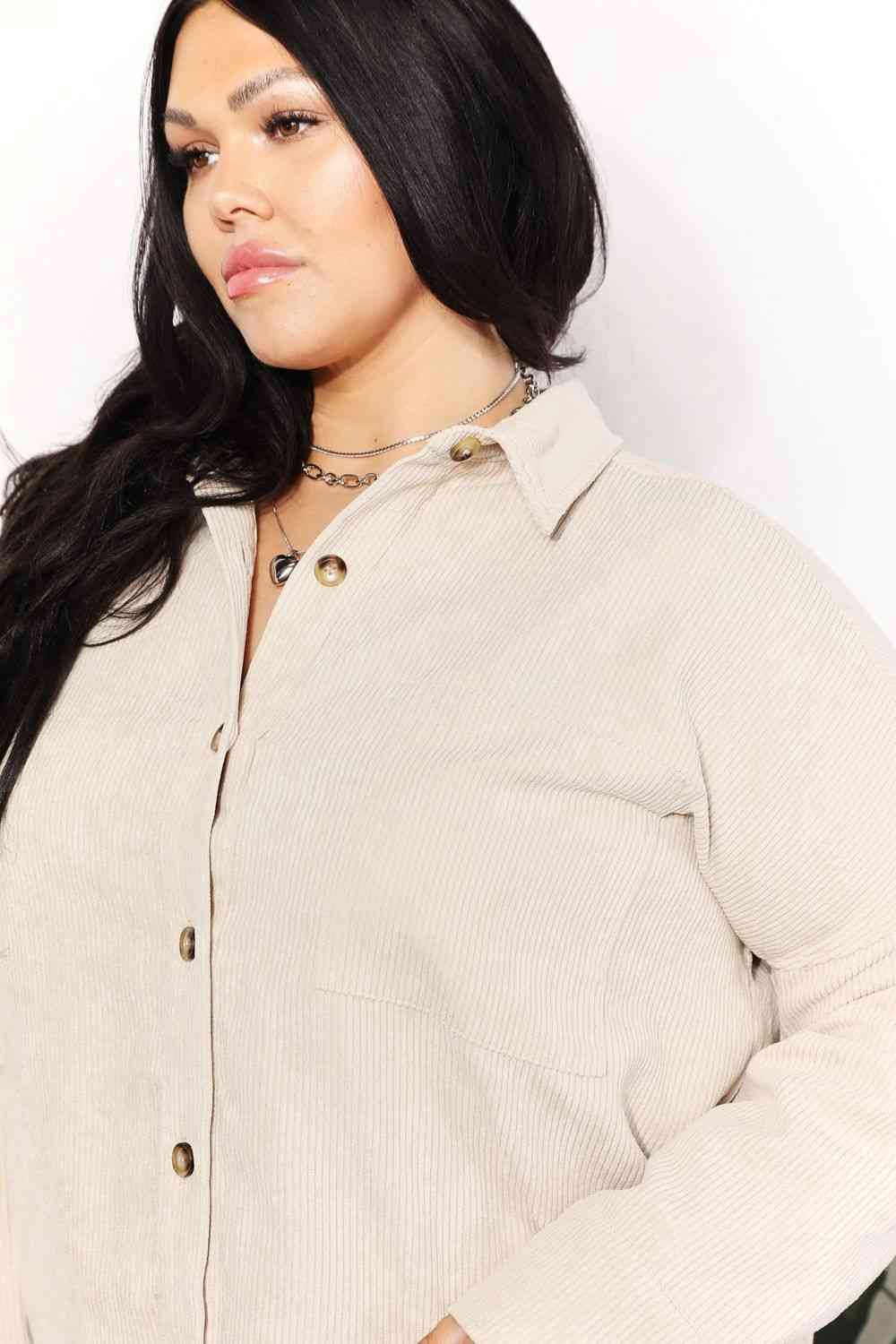 Full Size Oversized Corduroy Button-Down Tunic Shirt with Bust Pocket