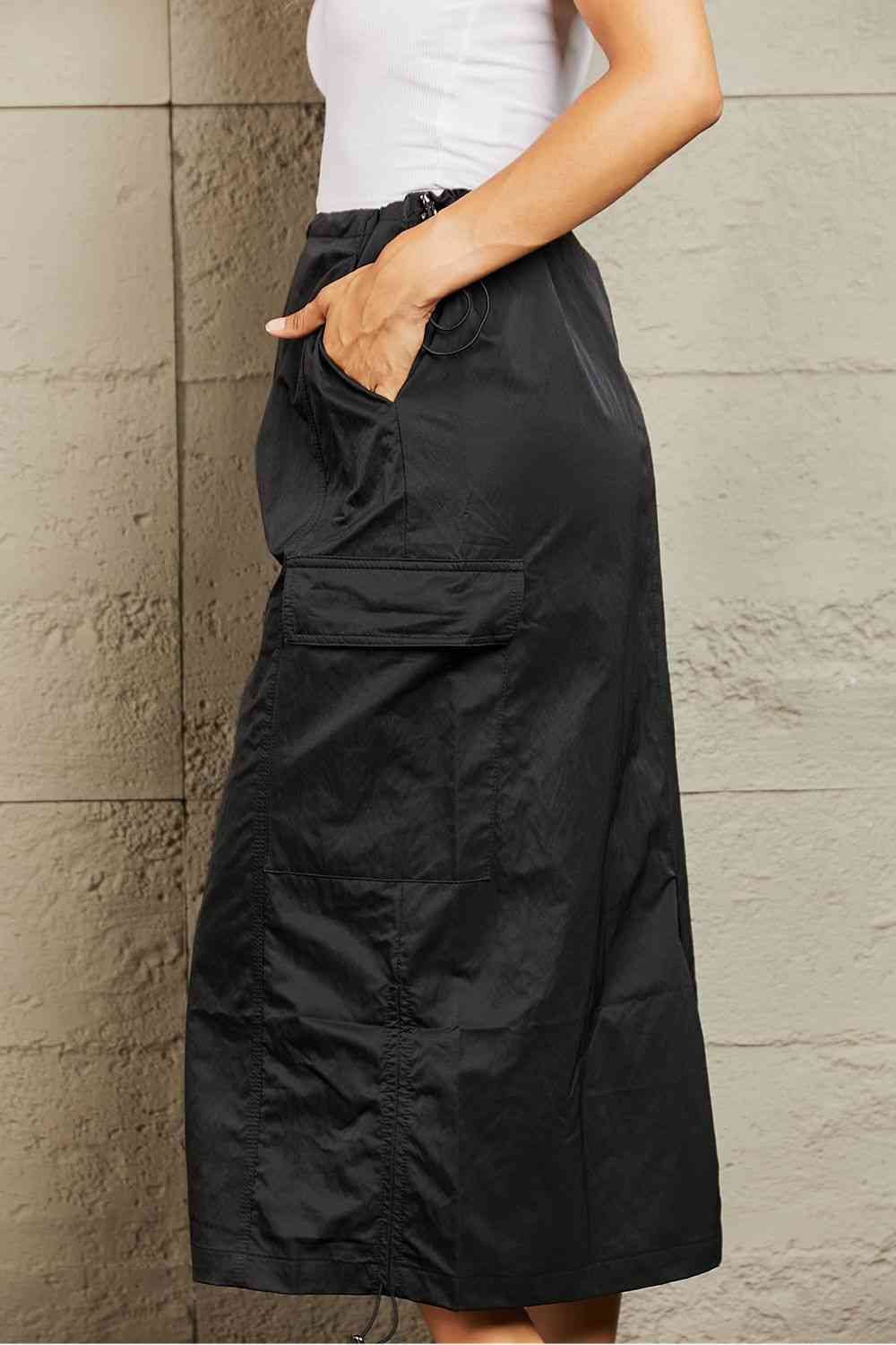 Just In Time High Waisted Cargo Midi Skirt in Black