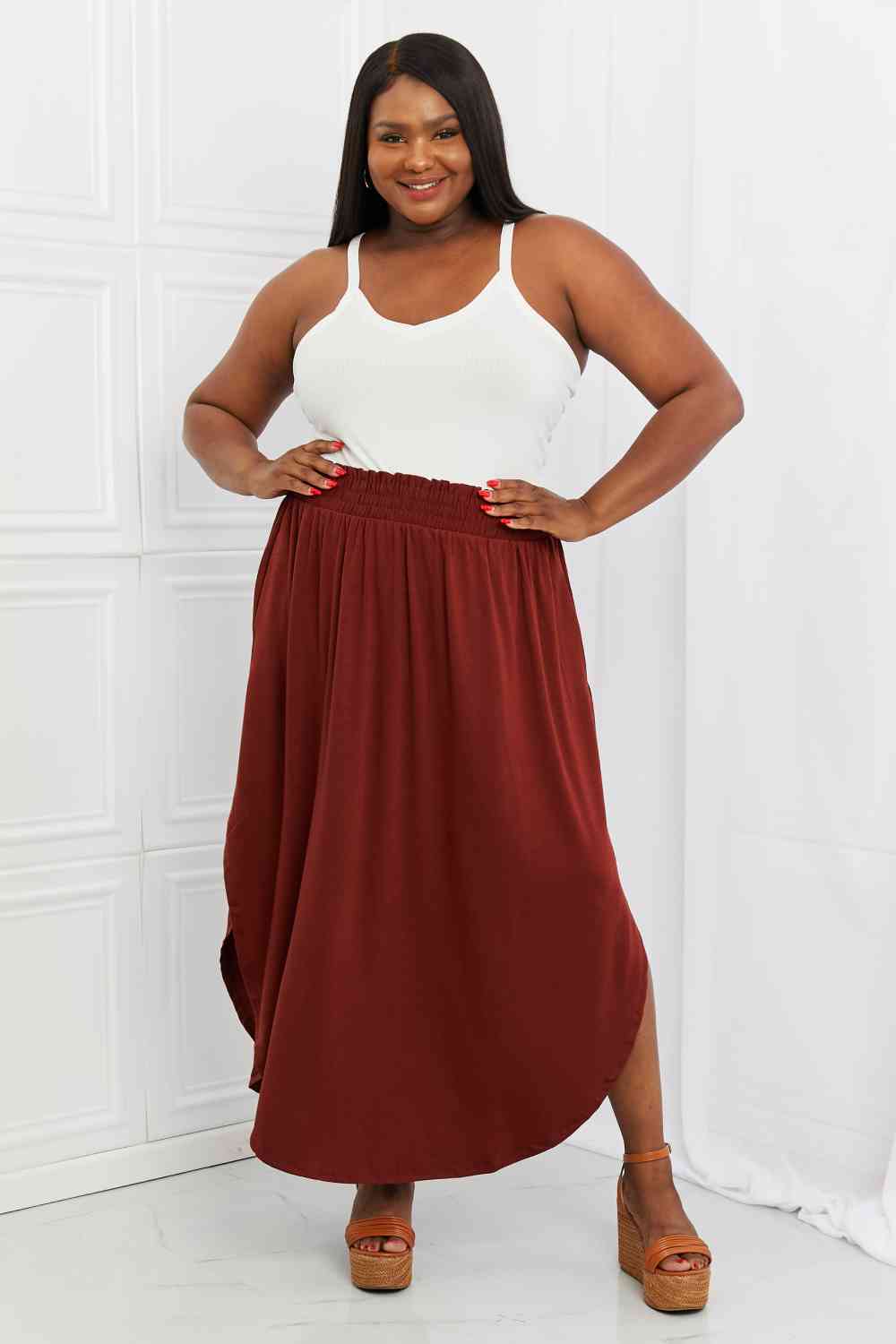 It's My Time Side Scoop Scrunch Skirt in Dark Rust