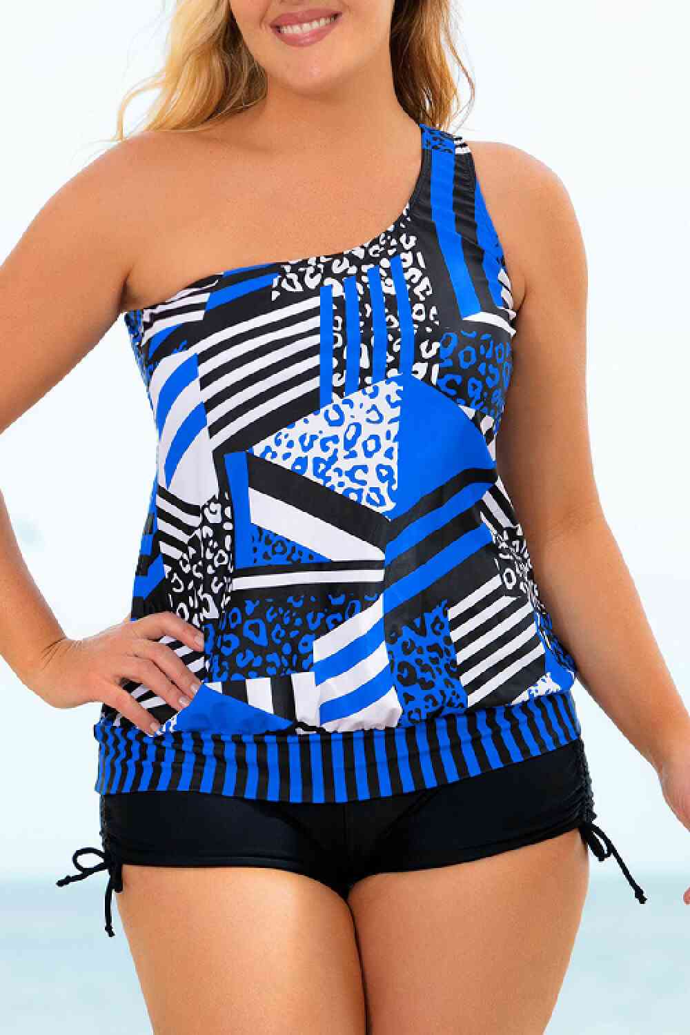 Plus Size Patchwork Tied One-Shoulder Tankini Set