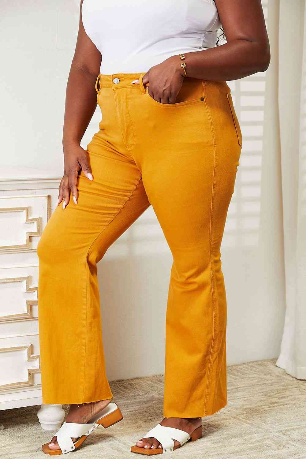 High Waist Tummy Control Garment Dyed Flare Jeans