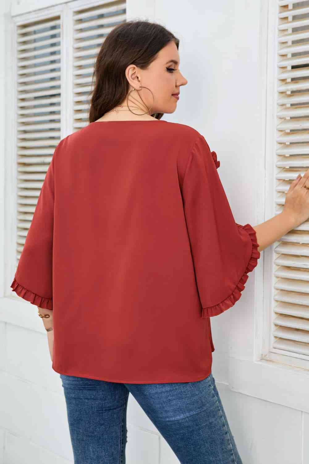 Plus Size Round Neck Frill Trim Blouse