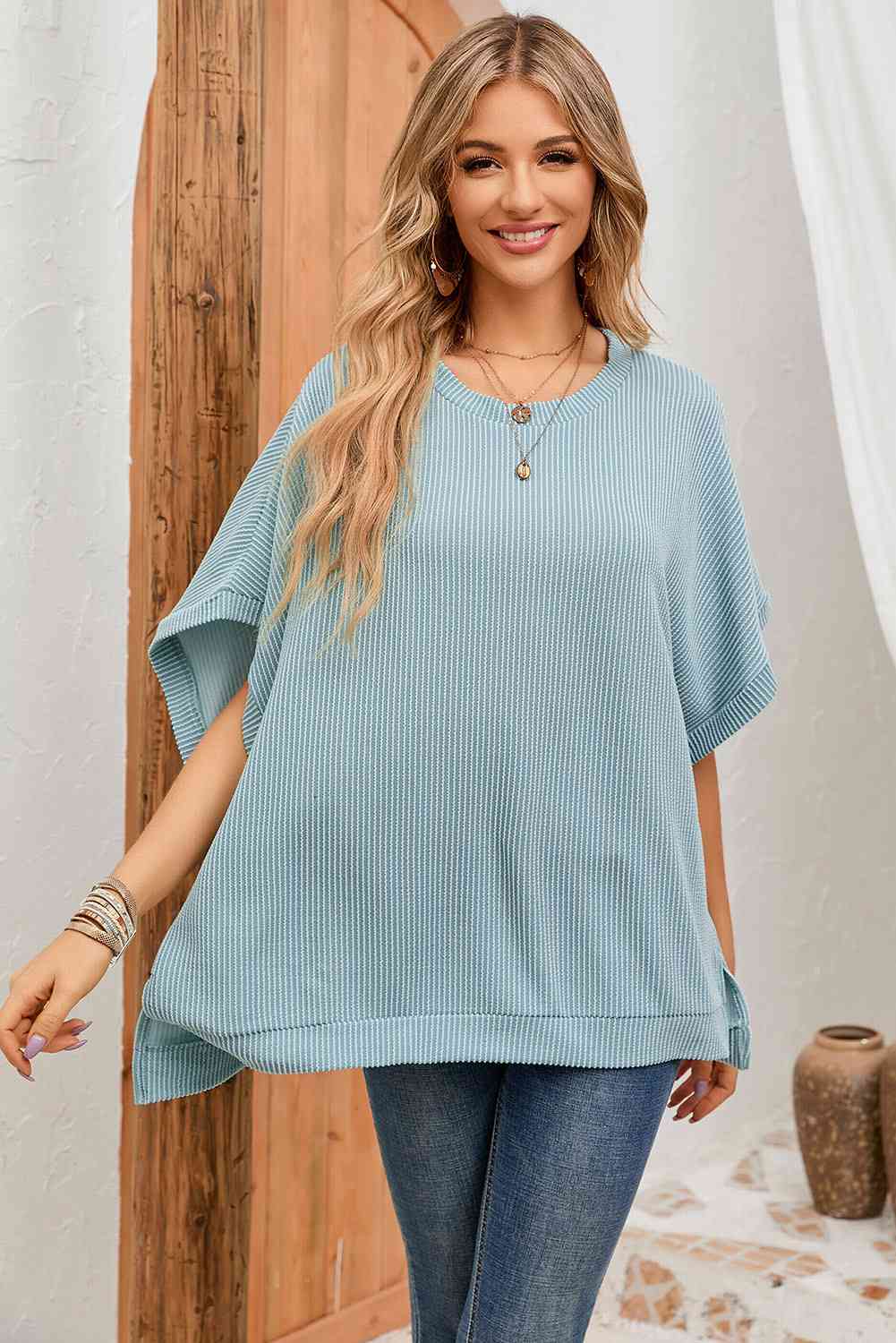 Double Take Full Size Round Neck Ribbed Slit Tunic Top