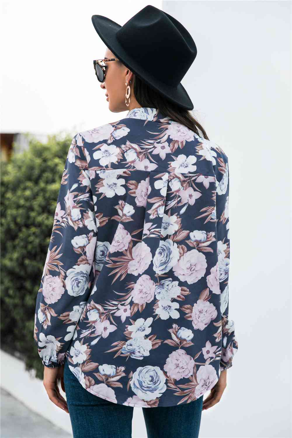 Floral Print Mock Neck Button Front Shirt