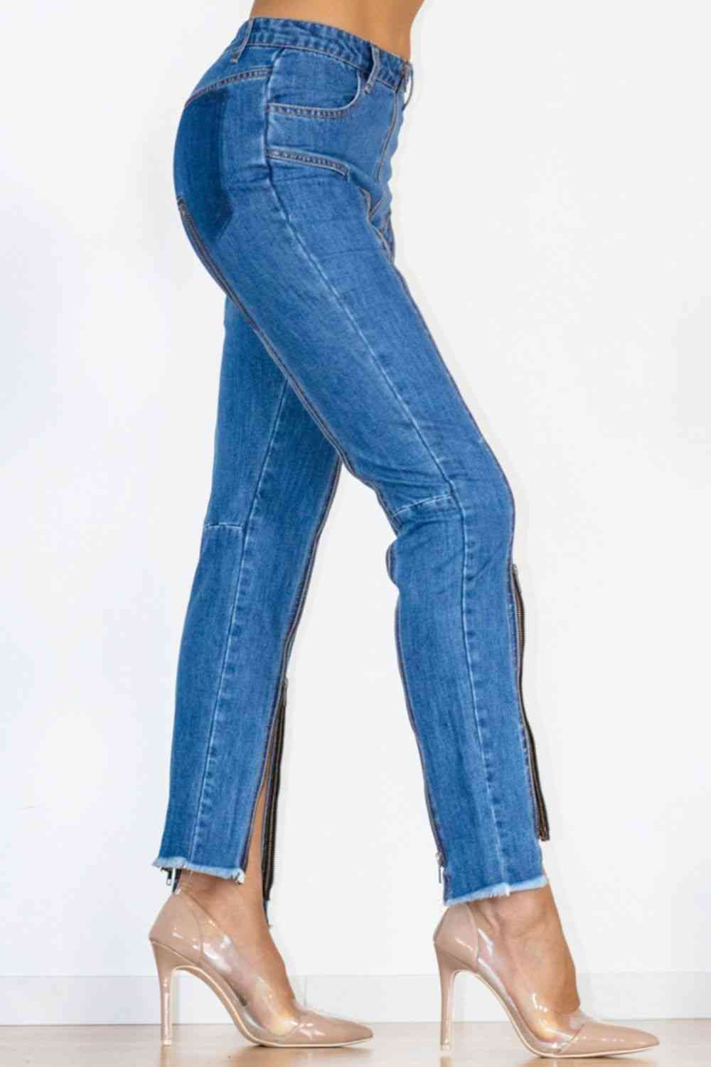 Zip Detail Slit Long Jeans