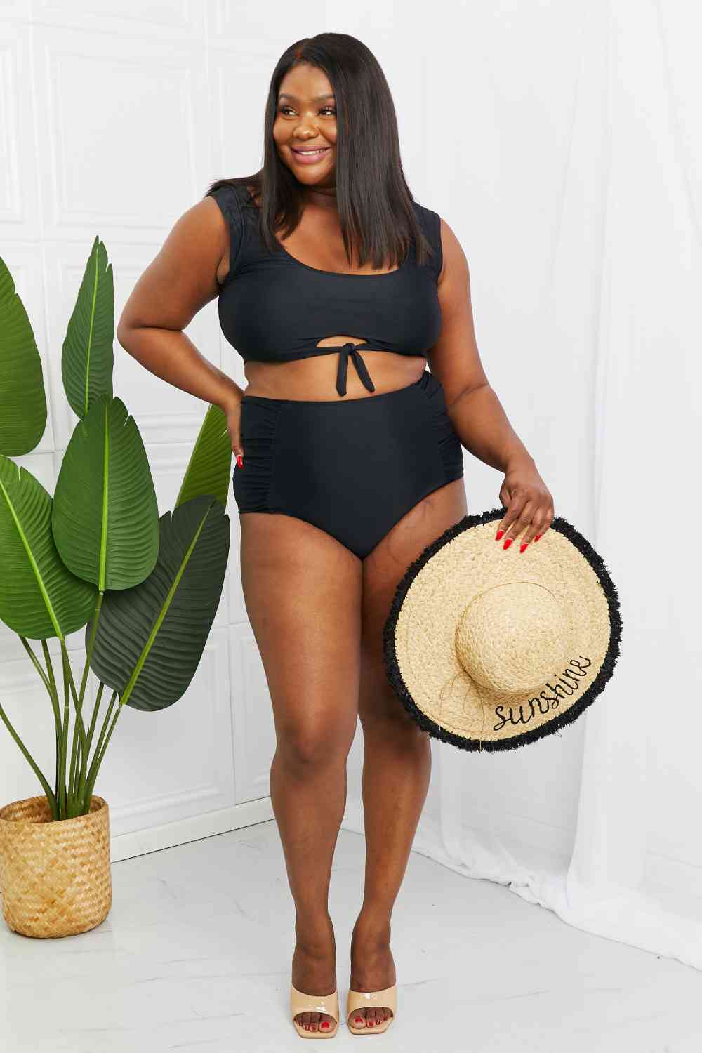 Sanibel Crop Swim Top and Ruched Bottoms Set in Black