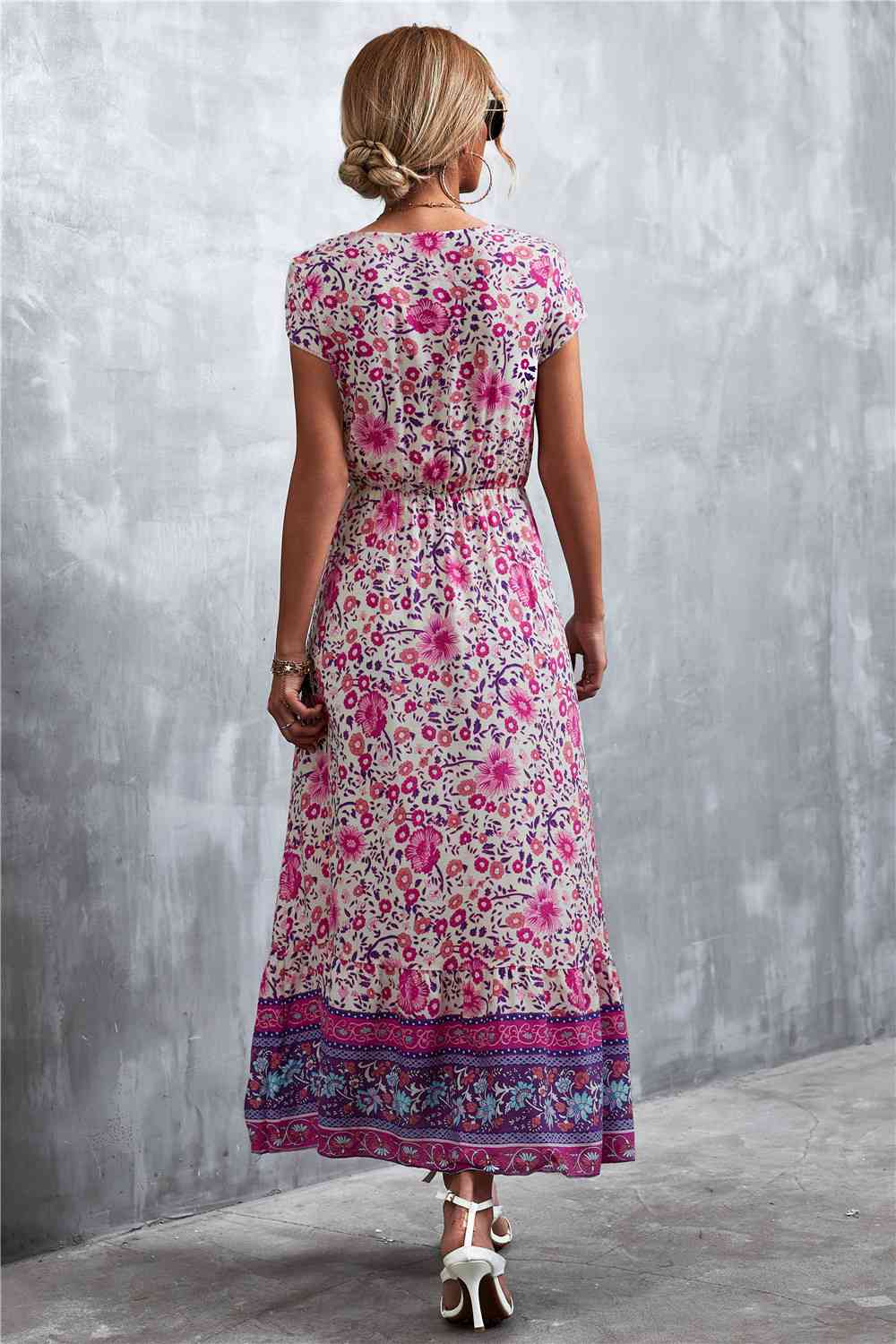 V-Neck Short Sleeve Printed Maxi Dress