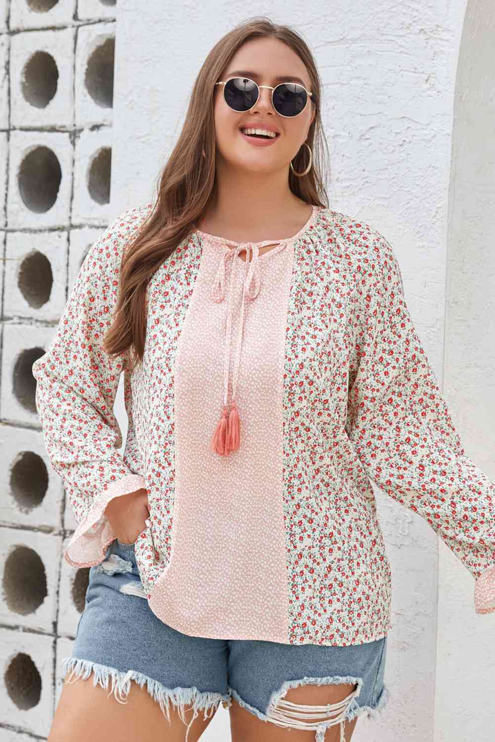 Plus Size Tassel Tie Flounce Sleeve Blouse