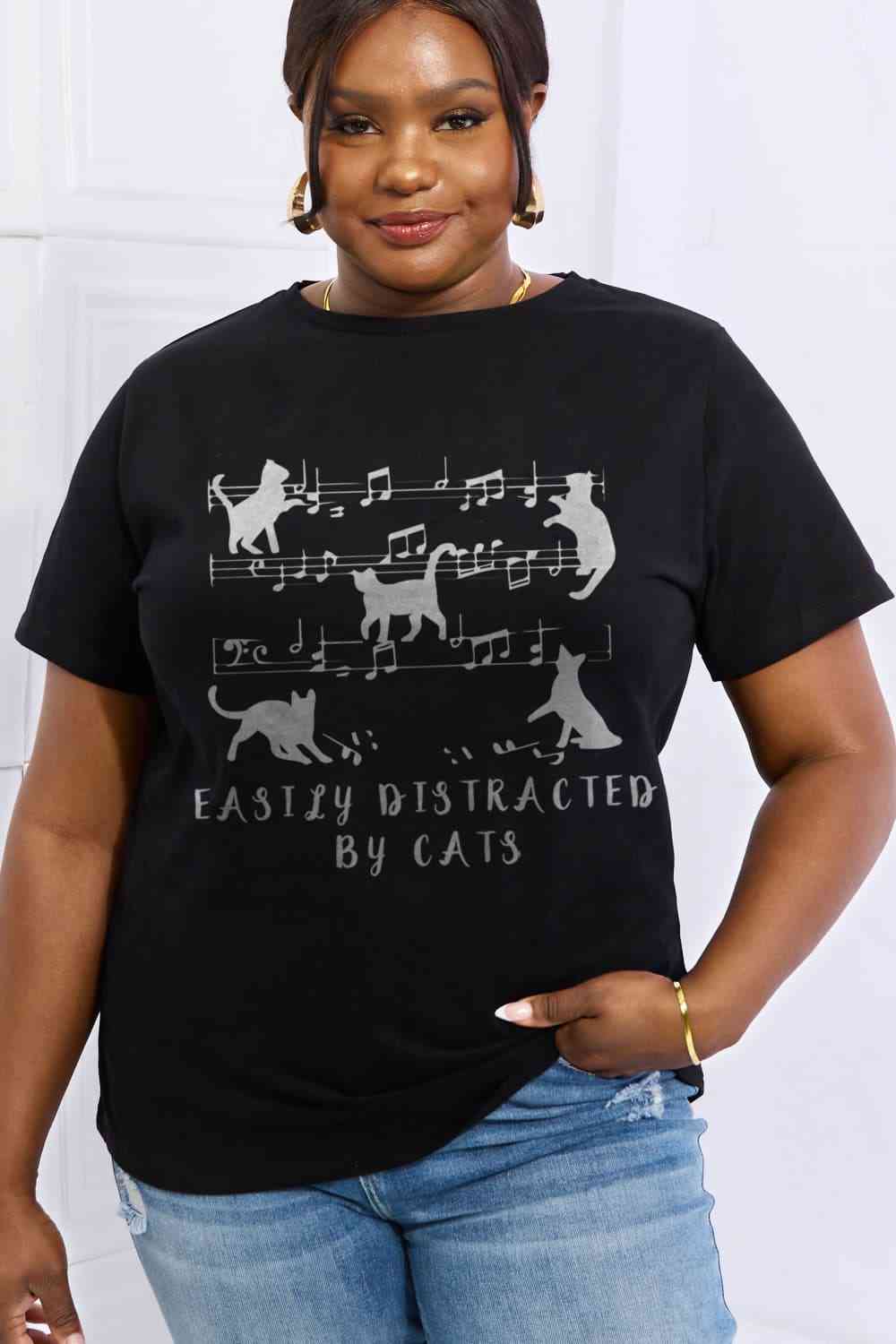 Simply Love Full Size EASILY DISTRACTED BY CATS Graphic Cotton Tee