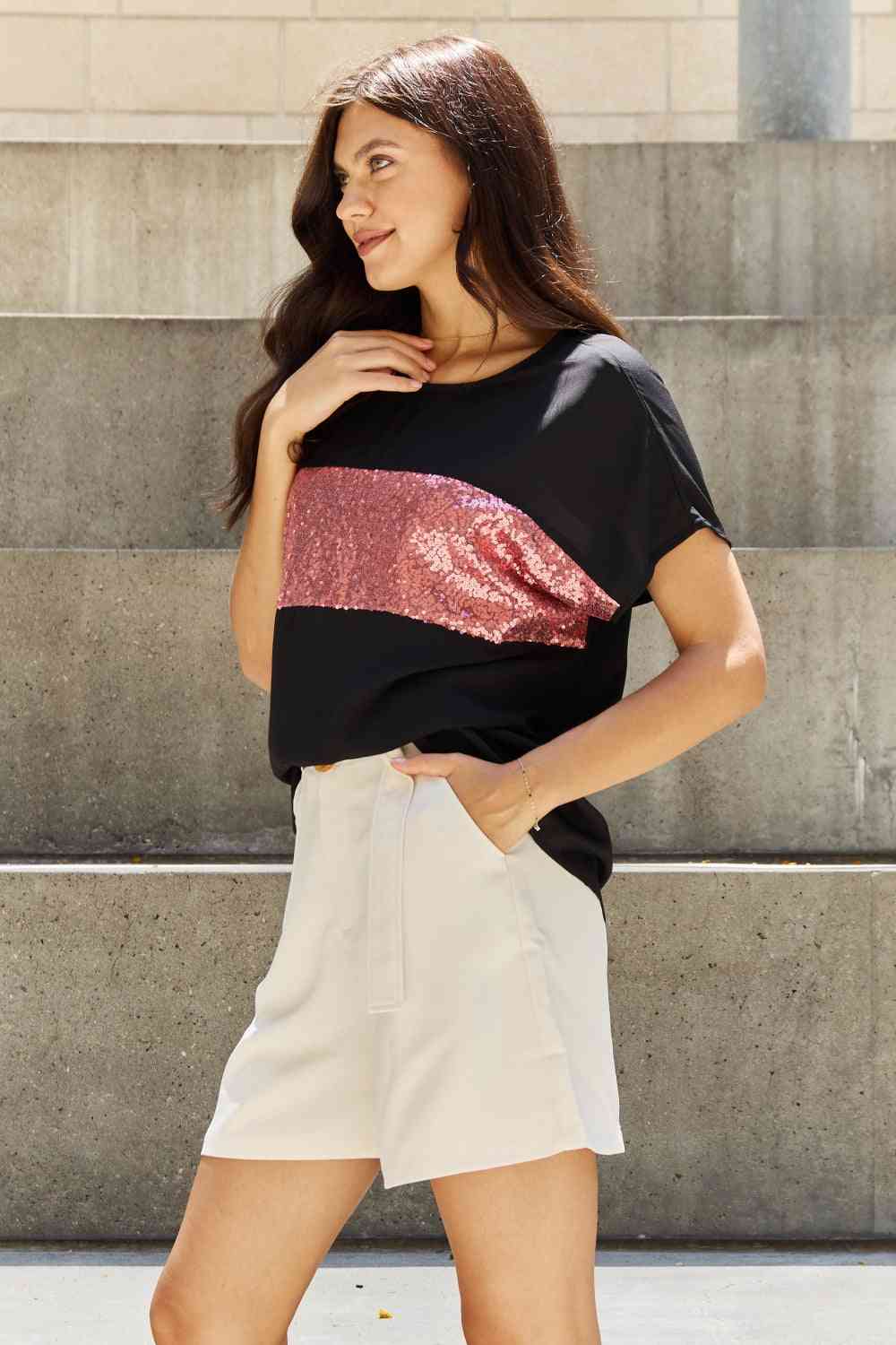 Shine Bright Center Mesh Sequin Top in Black/Mauve