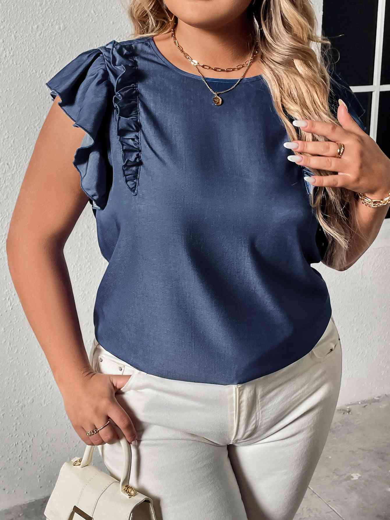 Plus Size Round Neck Flounce Sleeve Frill Trim Blouse