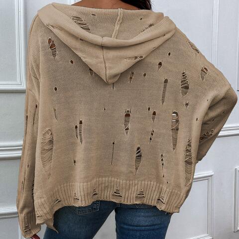 Distressed Slit Drop Shoulder Hooded Sweater