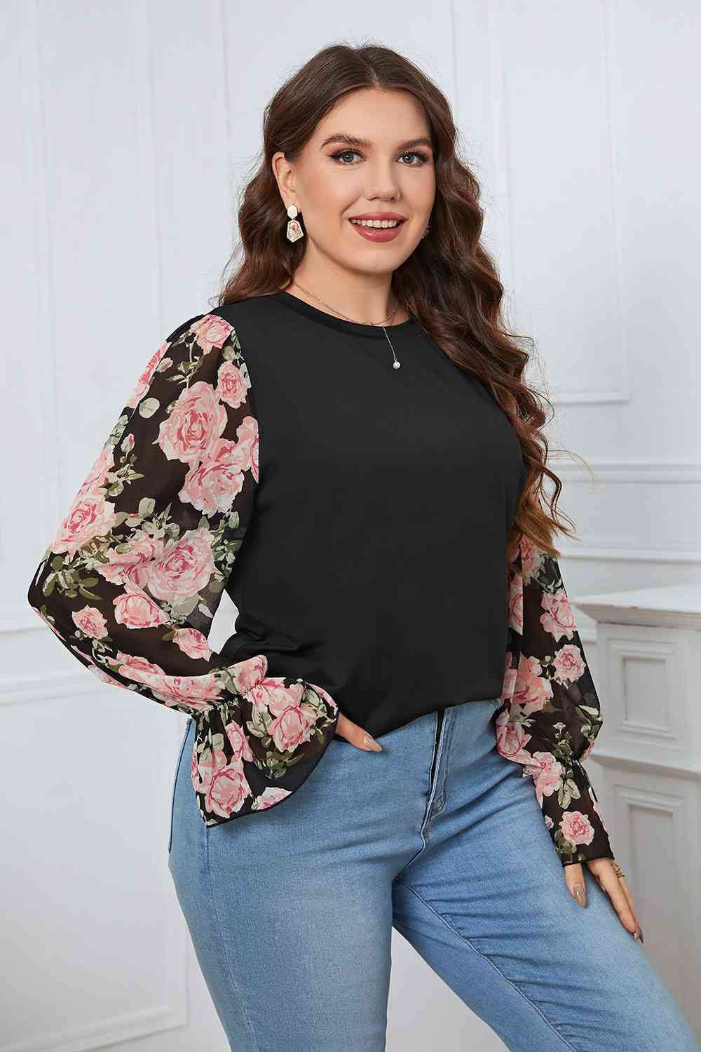 Plus Size Floral Flounce Sleeve Blouse