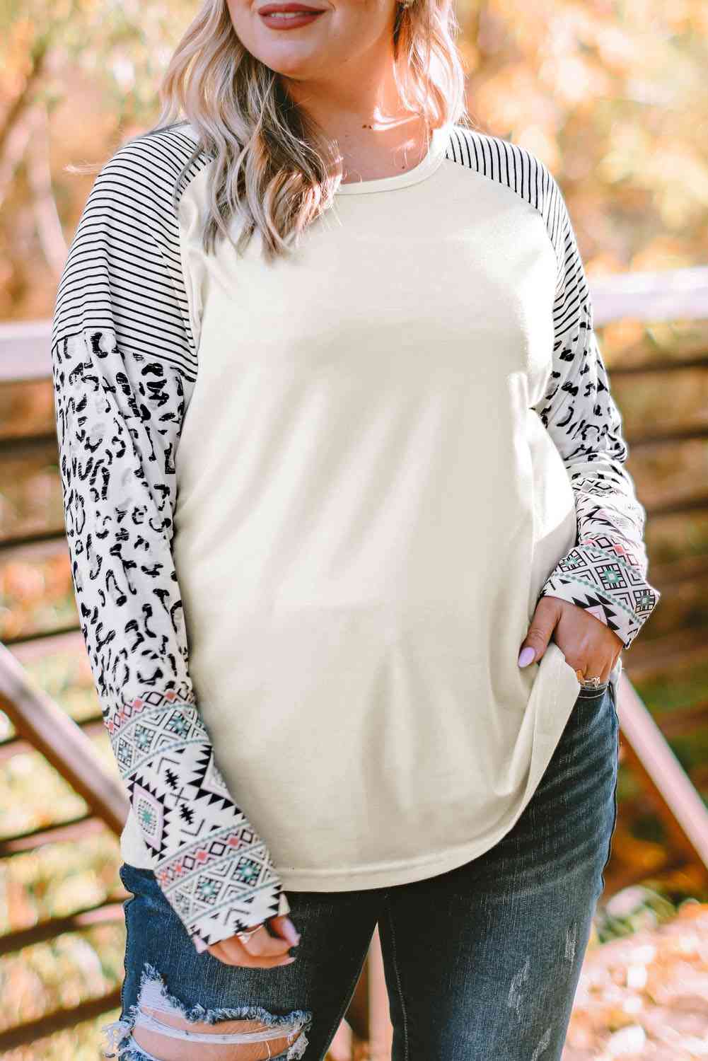 Plus Size Mixed Print Raglan Sleeve Round Neck Top