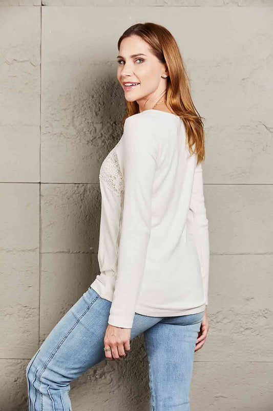 Double Take Lace Crochet Long Sleeve Top