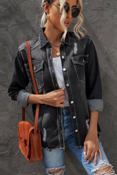 Distressed Button Up Raw Hem Denim Jacket