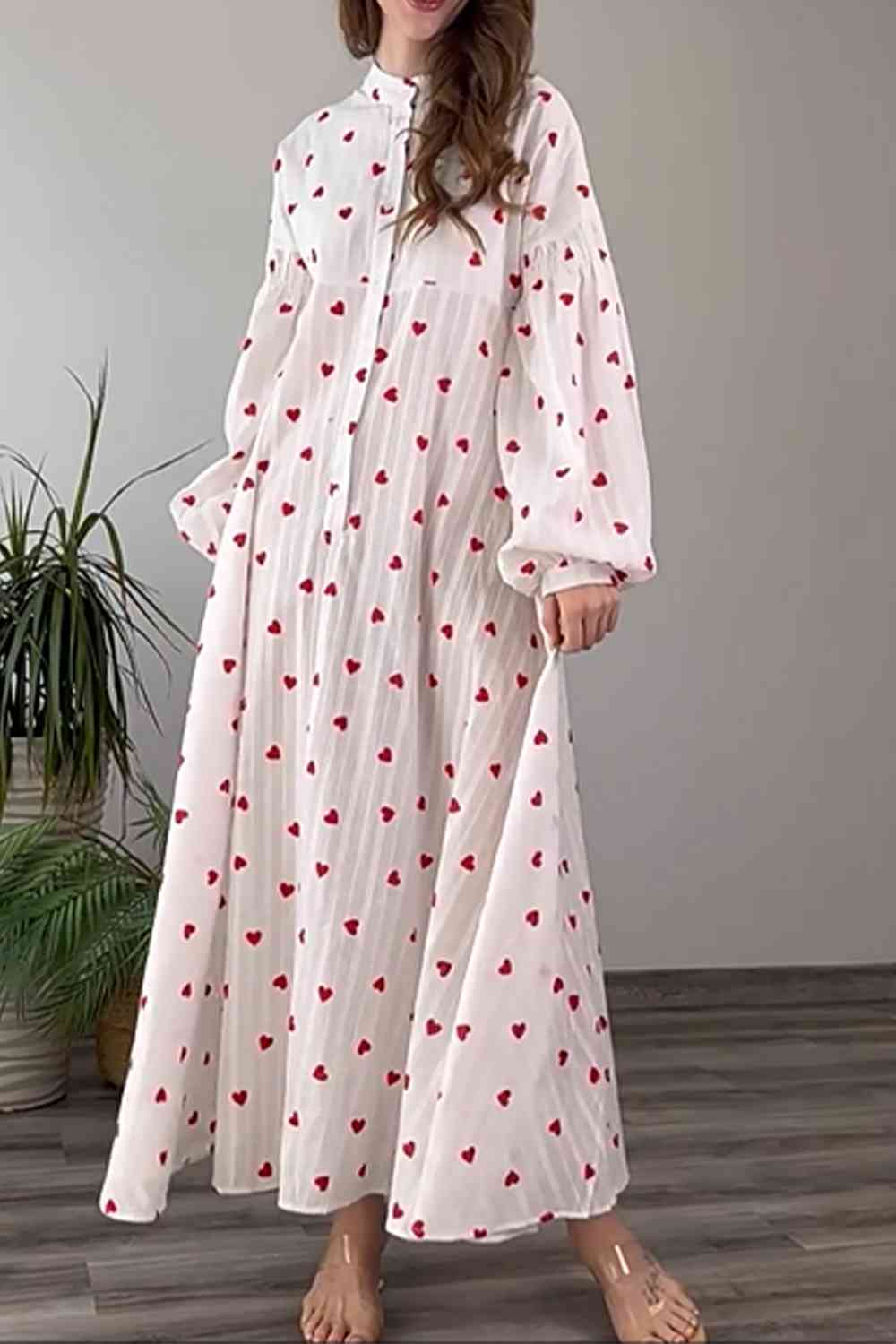 Heart Print Buttoned Maxi Dress