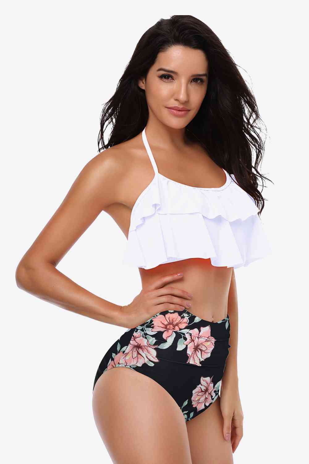 Two-Tone Ruffled Halter Neck Two-Piece Swimsuit