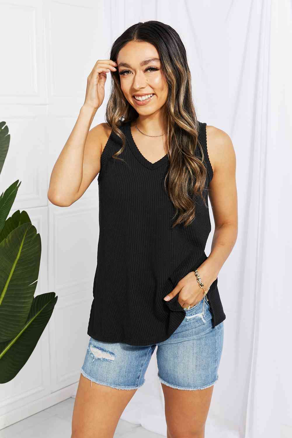 Chance of Sun Ribbed V-Neck Tank in Black