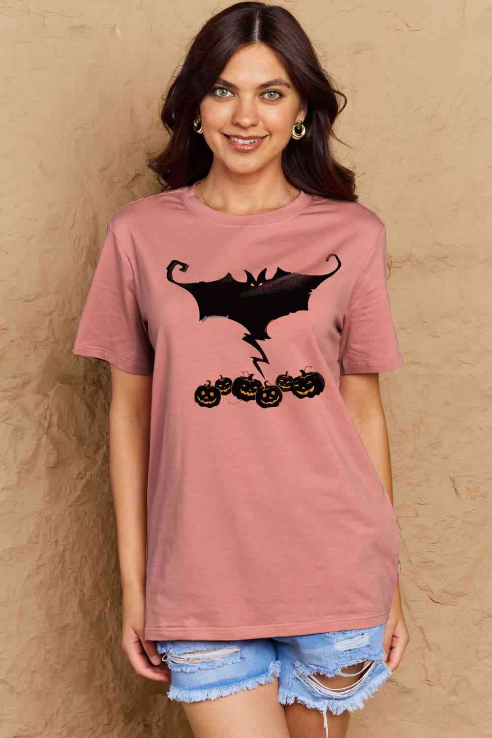 Simply Love Full Size Bat & Pumpkin Graphic Cotton T-Shirt