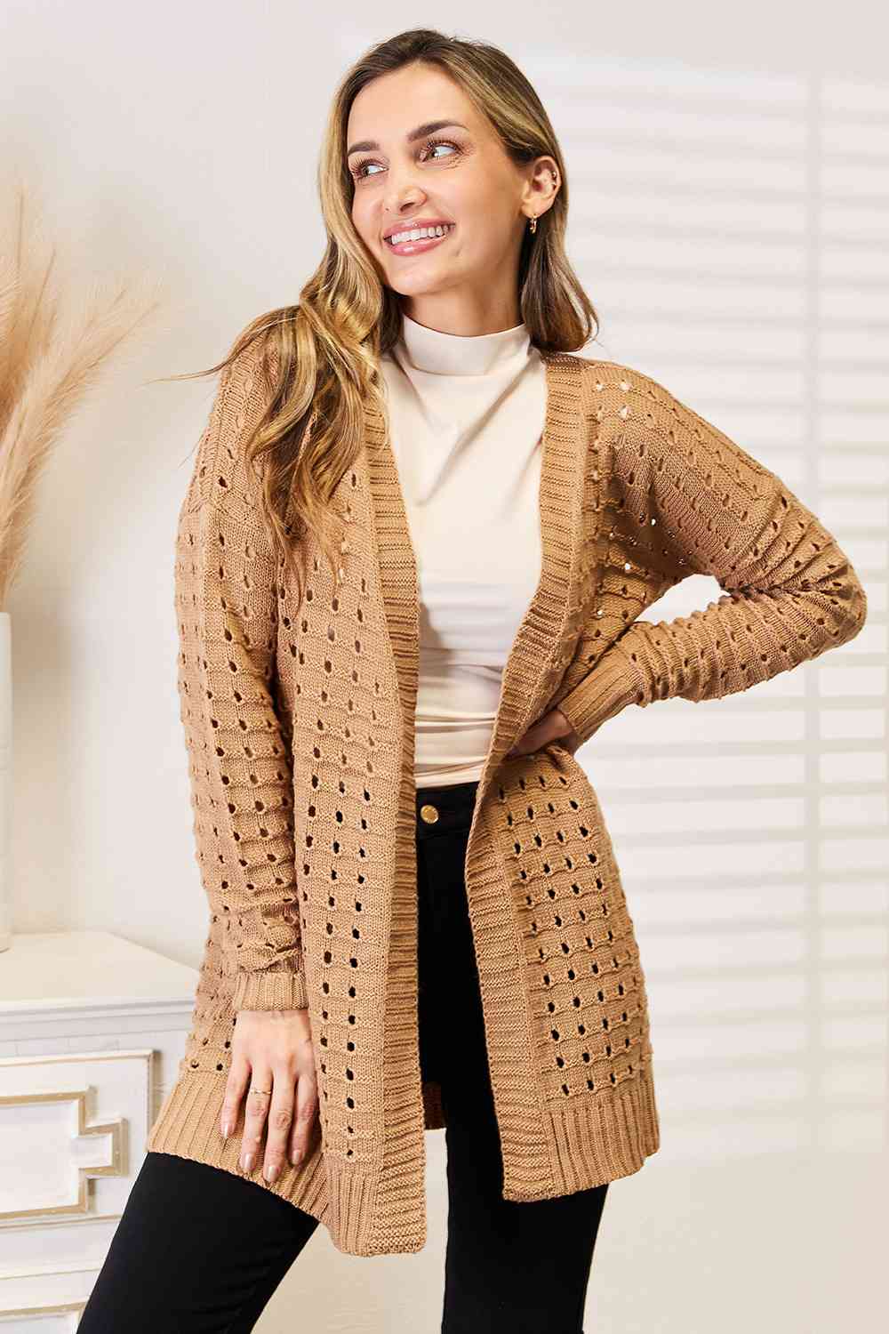 Openwork Horizontal Ribbing Open Front Cardigan