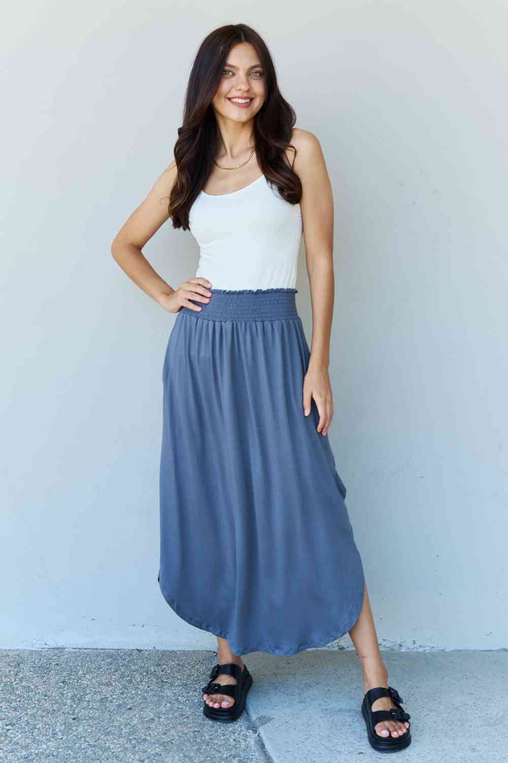 Doublju Comfort Princess High Waist Scoop Hem Maxi Skirt in Dusty Blue