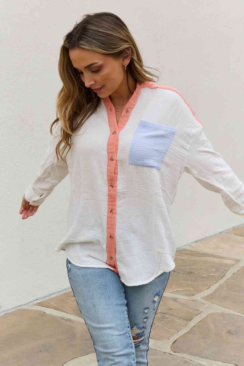 Full Size Color Block Woven Button Down Top