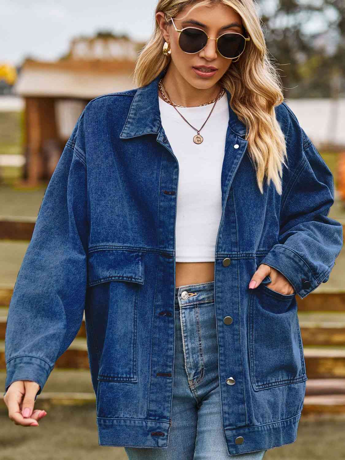 Dropped Shoulder Denim Jacket with Pockets