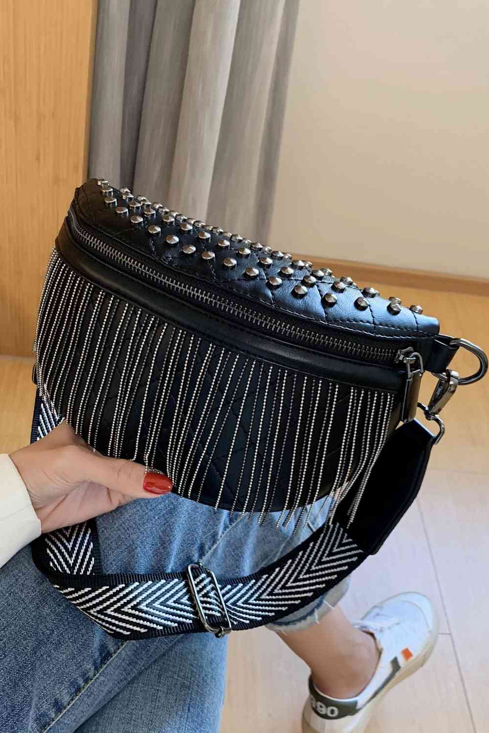 PU Leather Studded Sling Bag with Fringes