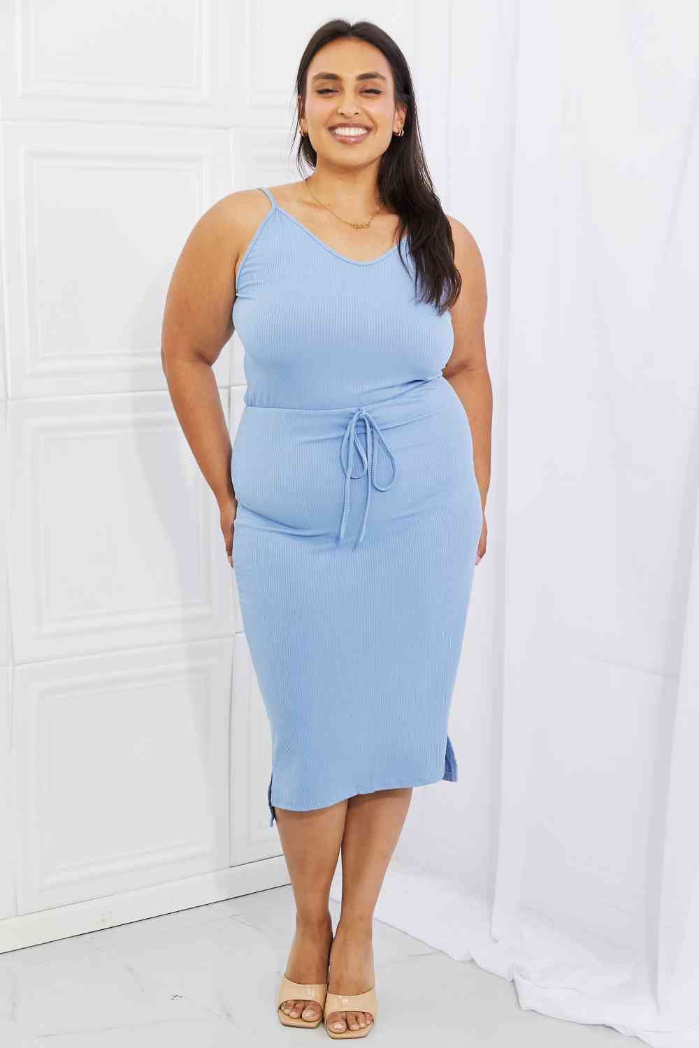 Flatter Me Ribbed Front Tie Midi Dress in Pastel Blue