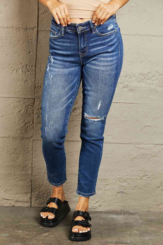 Mid Rise Distressed Slim Jeans