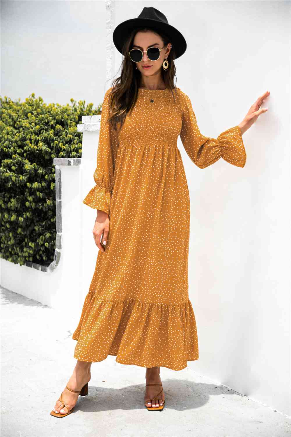 Printed Puff Sleeve Ruffle Maxi Dress