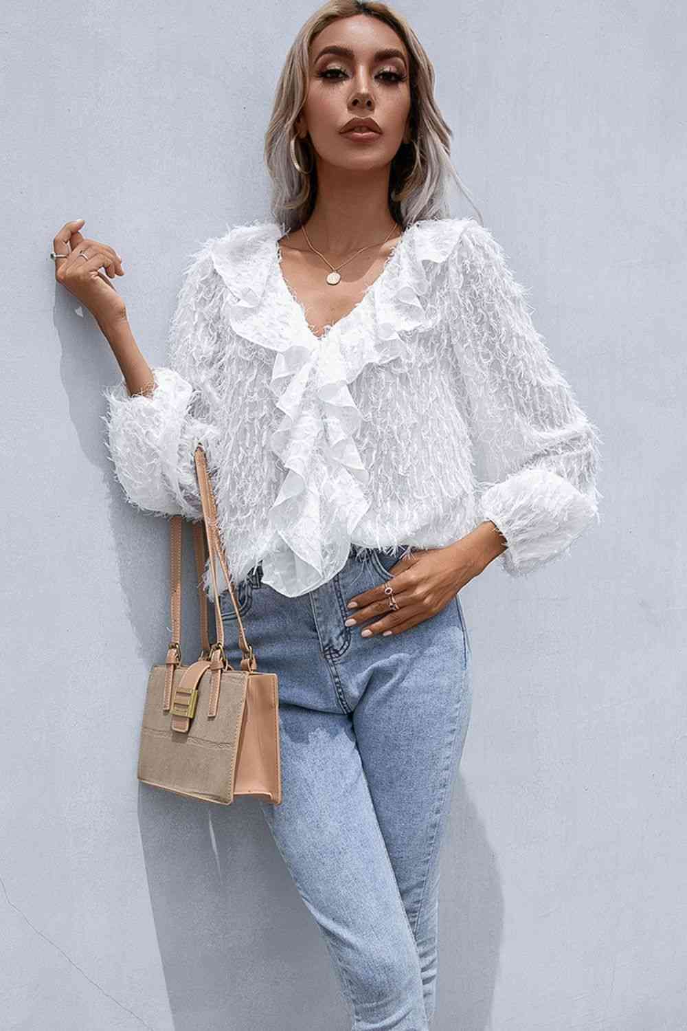 Double Take Ruffle Hem Fringe V-Neck Balloon Sleeve Blouse