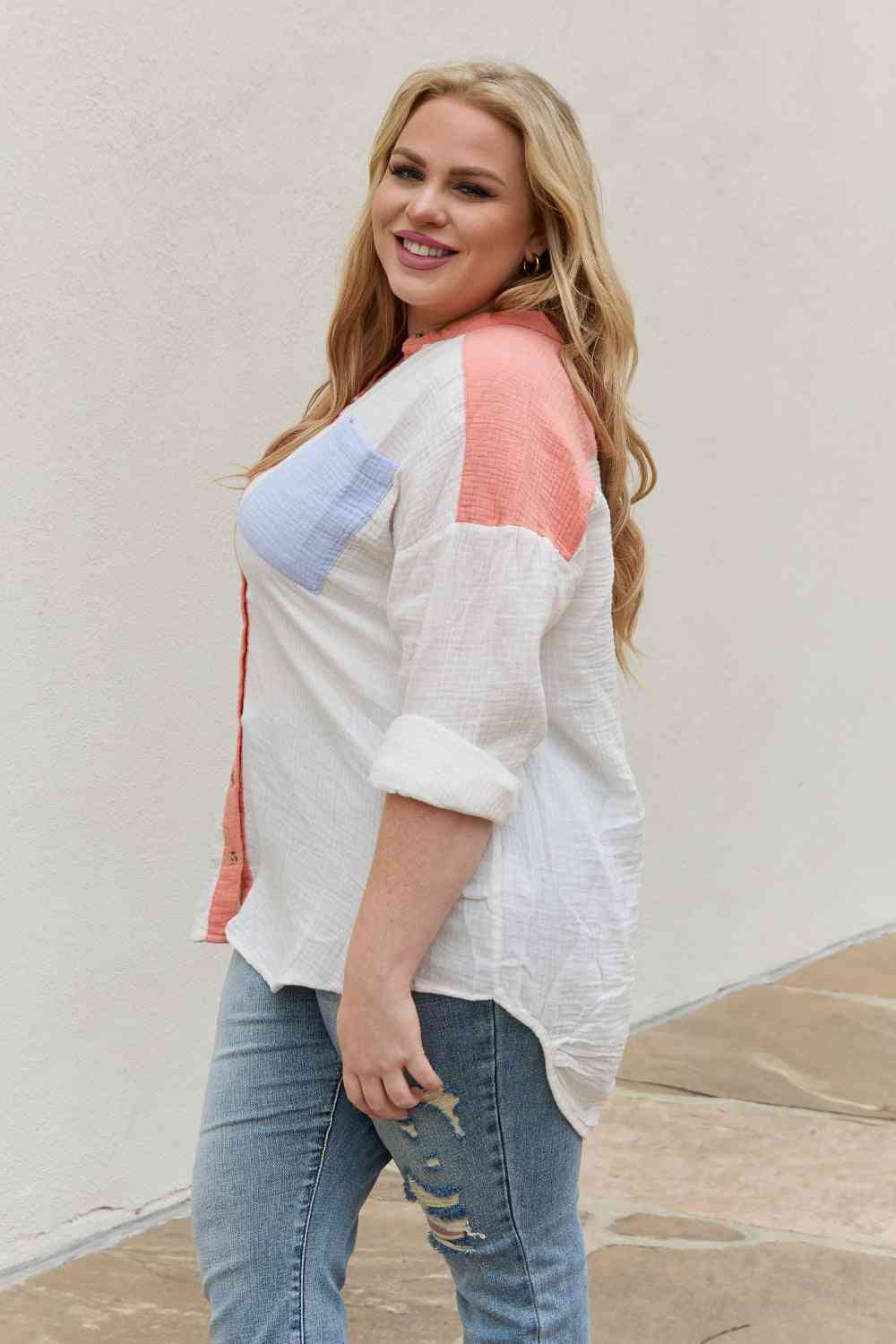 Full Size Color Block Woven Button Down Top