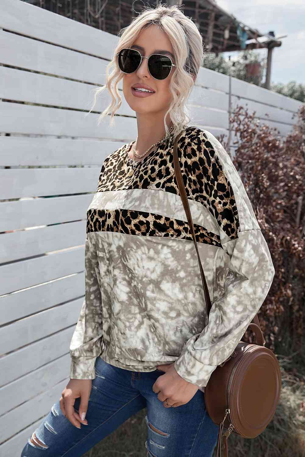 Tie-Dye Leopard Round Neck Sweatshirt