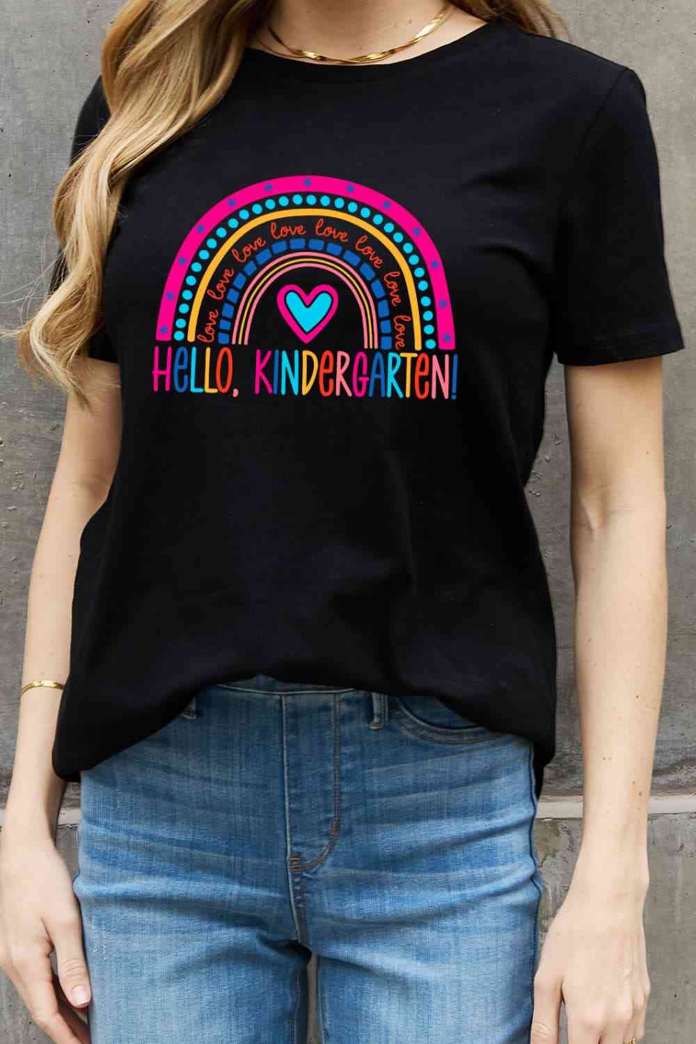 Simply Love Full Size LOVE HELLO KINDERGARTEN Rainbow Graphic Cotton Tee