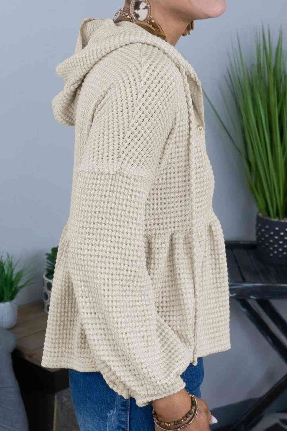 Full Size Buttoned Waffle-Knit Dropped Shoulder Hoodie