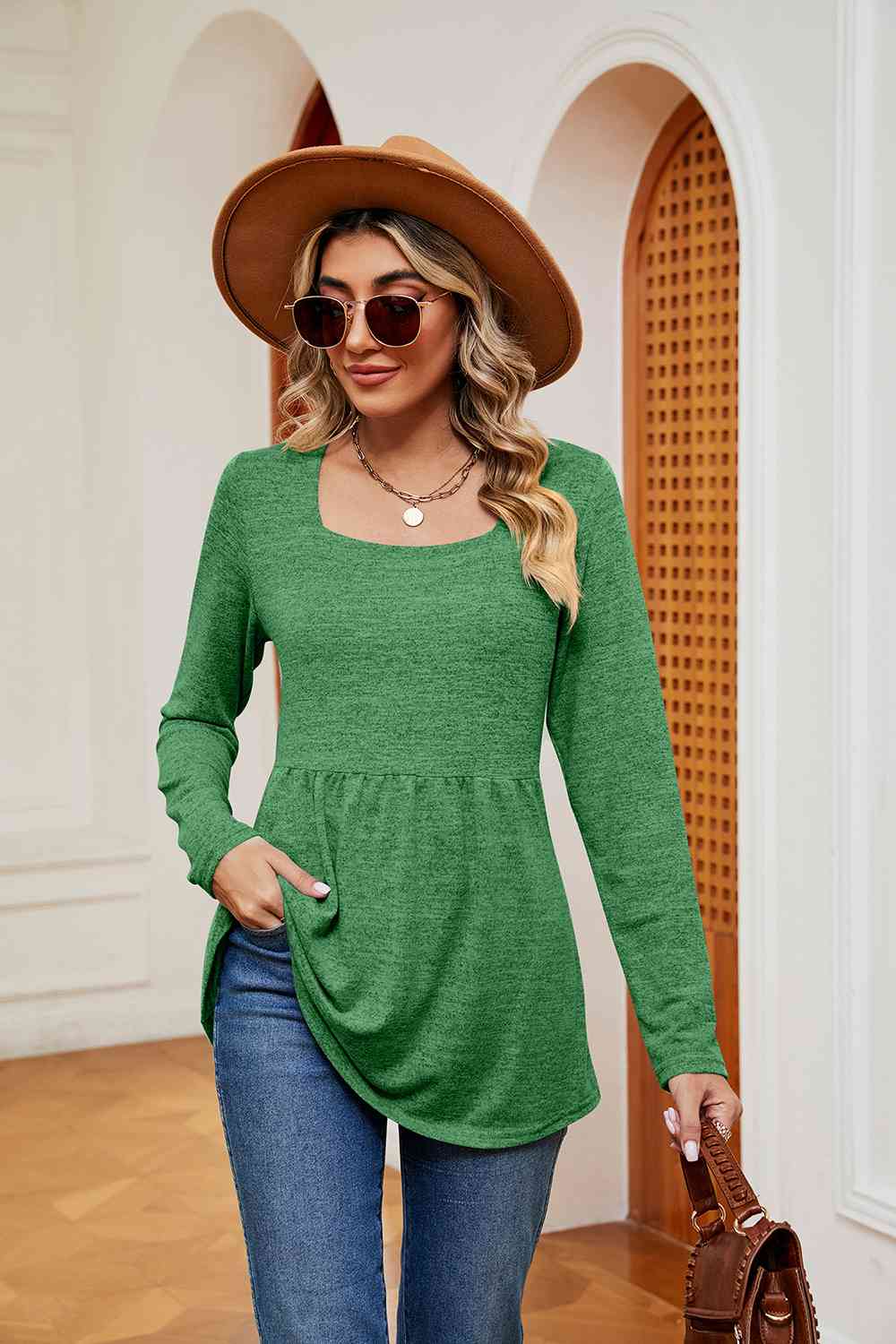 Square Neck Long Sleeve Peplum Top