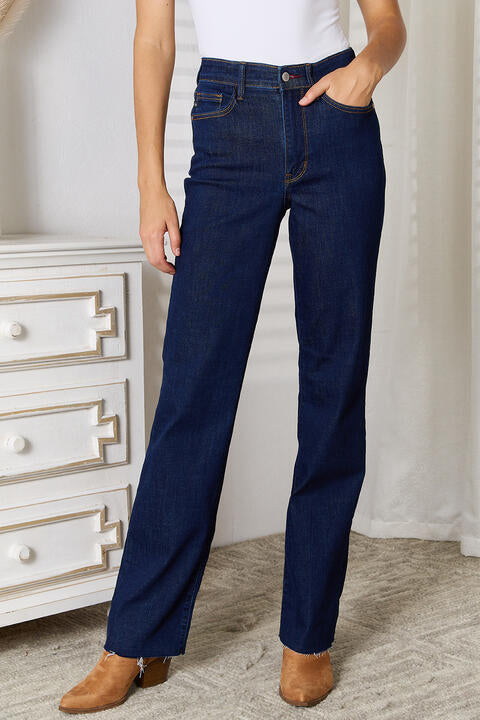 Raw Hem Straight Leg Jeans with Pockets