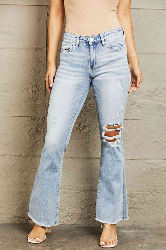 Mid Rise Distressed Flare Jeans