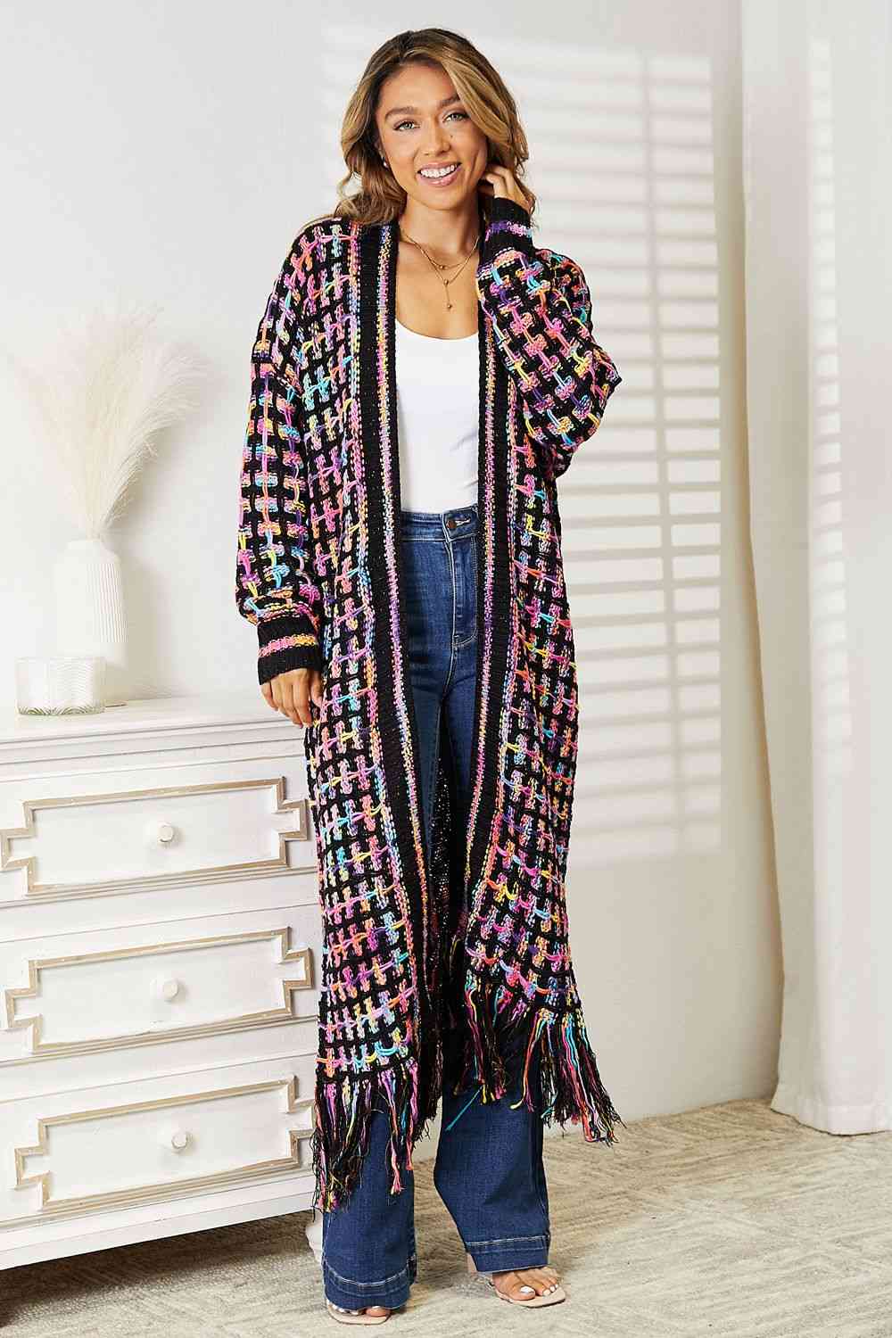 Multicolored Open Front Fringe Hem Cardigan